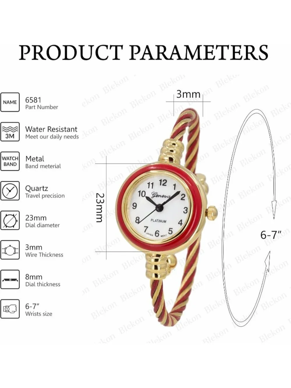 Women's Gold Red Analog Quartz Elegant Cable Cuff Arabic Numbers Bracelet Watch